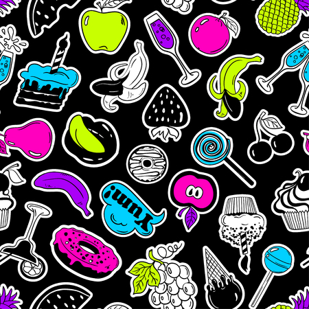 Colorful funny seamless pattern of fruits and sweets stickers, emoji, pins or patches in cartoon 80s-90s comic style.のイラスト素材