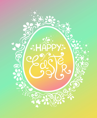 Colorful hand drawn Happy Easter greeting card or invitation with egg silhouette. Creative typography poster with lettering.のイラスト素材