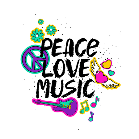Peace Love Music - inspirational hand drawn brush ink lettering with colorful cartoon stickers.のイラスト素材