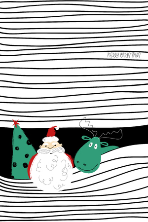 Hand drawn funny greeting card with sticking out Santa Claus, Deer and Christmas tree .のイラスト素材