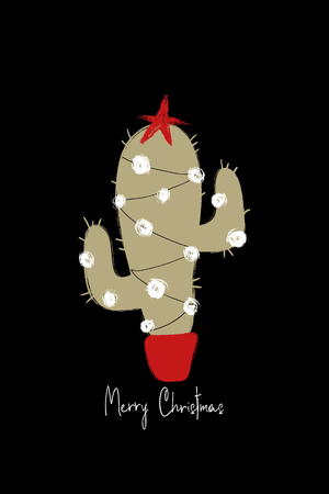 Hand drawn greeting card with funny grunge Christmas cactus tree.のイラスト素材