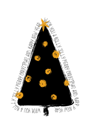 Hand drawn greeting card with funny grunge Christmas tree and countour text.のイラスト素材