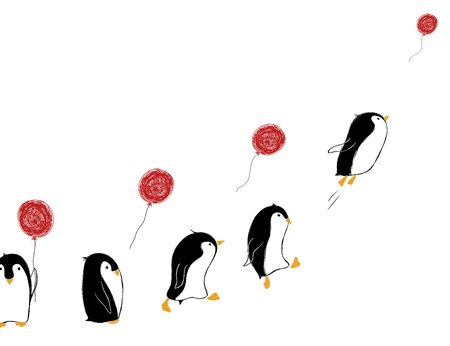 Hand drawn card with cute penguins and air balloon. Let it go concept.のイラスト素材