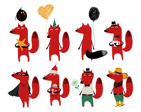 Funny set with cute red fox. Perfect for Birthday greeting cards, posters, invitation or just some love message.のイラスト素材