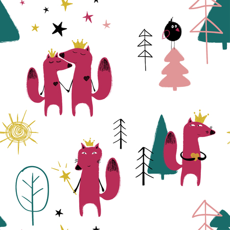 Colorful seamless pattern with cute fairytale fox in the forest. Hand drawn grunge brush background.のイラスト素材