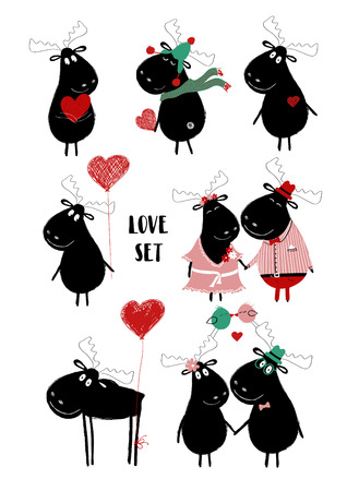 Love set with cute single black moose and couple. Perfect for Valentine's day greeting cards, wedding invitation or just some love messages.のイラスト素材
