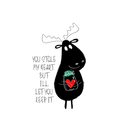Funny black moose holding a jar with heart. Love greeting card with phrase: you stole my heart, but I let you keep it.のイラスト素材