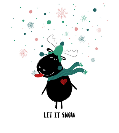 Funny moose in hat and scarf enjoying the winter snow. Christmas greeting card with phrase: let it snow.のイラスト素材