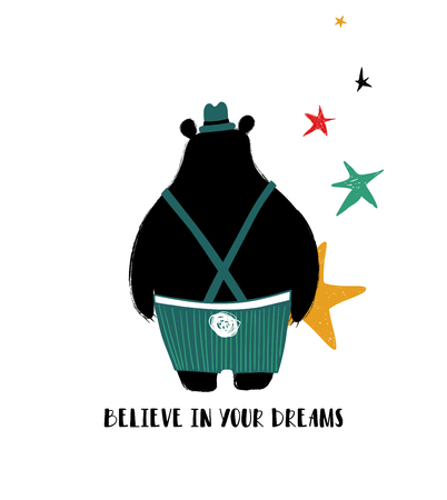 Cute black bear turned his back and holding a star. Greeting card with inspiring phrase: believe in your dreams.のイラスト素材