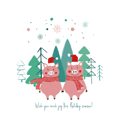 Couple of cute pigs in Santa's hats and scarfs. Christmas greeting card with phrase: wish you much joy this holiday season.のイラスト素材
