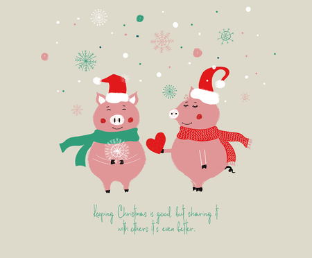 Christmas and New Year greeting card with cute pink pigs.のイラスト素材