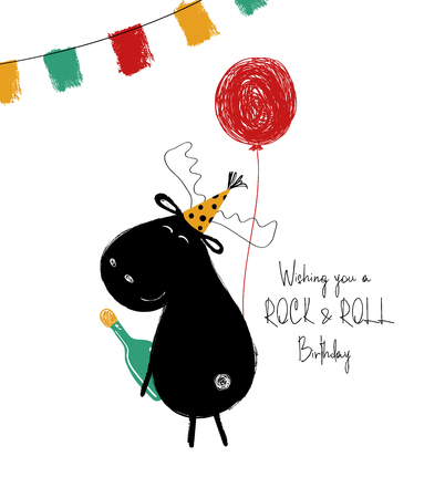 Funny Black Moose With Bottle And Balloon Birthday Greeting Card With Phrase Wish You A Rock And Roll Birthday Tasmeemme Com