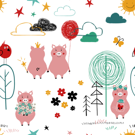 Seamless pattern with cute pink pigs in the forest. Funny background for nursery or any textile surface.のイラスト素材