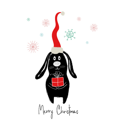 Christmas and New Year greeting card with funny rabbit holding gift.のイラスト素材