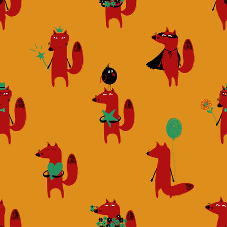 Colorful seamless pattern with cute fox. Funny background for nursery or any textile surface. のイラスト素材