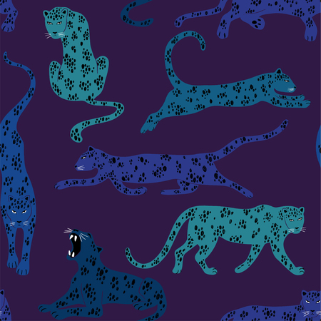 Colorful wildlife animals print. Seamless pattern with leopard on a purple background.のイラスト素材