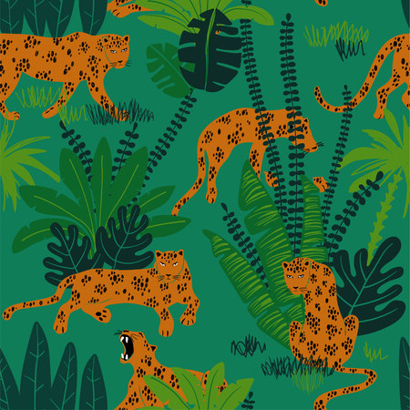 Colorful wildlife animals print. Seamless pattern with yellow leopard in wild jungle forest.のイラスト素材