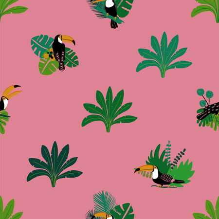 Summer wildlife birds print. Seamless pattern with toucan and jungle plants.のイラスト素材