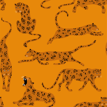 Colorful wildlife animals print. Seamless pattern with orange leopard.のイラスト素材