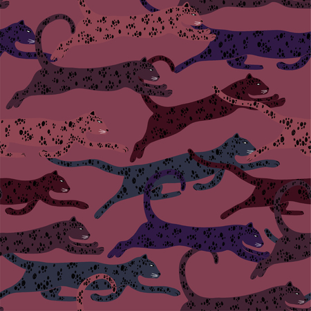 Colorful wildlife animals print. Seamless pattern with group of running leopard on a dark pink background.のイラスト素材