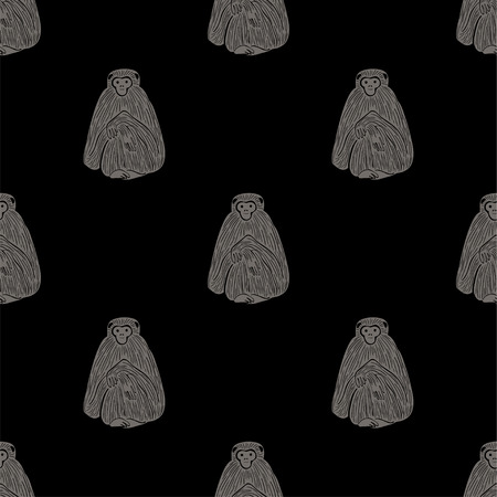 Animals print. Seamless pattern with funny gray gibbon monkey silhouette on a black background.のイラスト素材