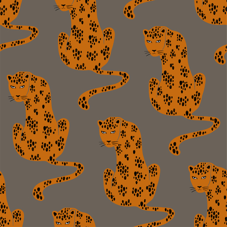 Colorful wildlife animals print. Seamless pattern with sitting yellow leopard on a gray background.のイラスト素材