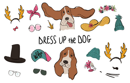Drees up the dog collection. Funny hipster Basset Hound couple portraits with accessories.のイラスト素材