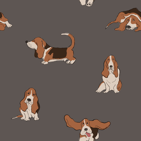 Seamless pattern with cute Basset Hound dog. Funny doggy background, wallpaper or print design.