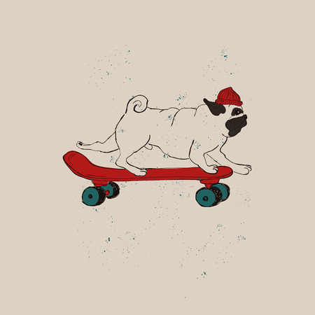 Illustration with cute Pug Dog on skateboard. Funny greeting card, t-shirt design, print, sticker or poster.のイラスト素材