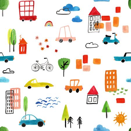 Funny seamless pattern with hand painted colorful gouache cars on a white background. City life traffic background.の写真素材