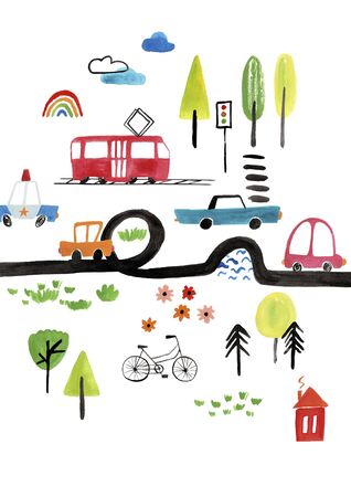 Funny kids gouache poster or card with cars. City traffic illustration.の写真素材