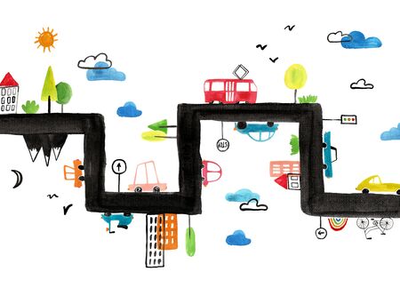 Funny kids gouache poster or card with travelling cars. City traffic illustration.
