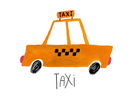 Hand drawn kids gouache car. Funny isolated taxi car illustration. の写真素材