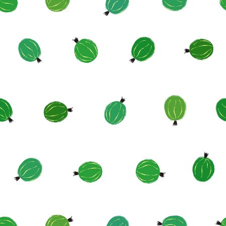 Colorful small fruit print. Seamless pattern with green gooseberries on a white background. Berry collection.のイラスト素材
