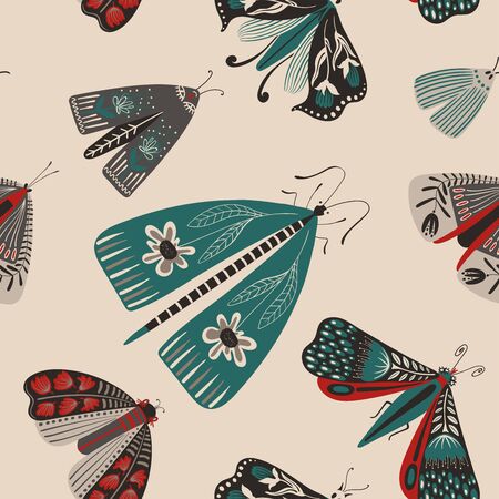 Folk art ornate insects background. Colorful seamless pattern of night moths with decorated wings. のイラスト素材