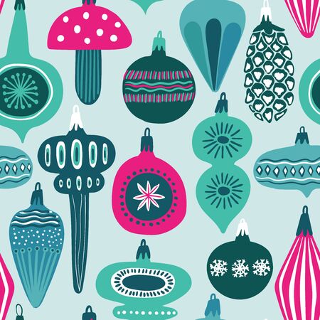Funny seamless pattern of christmas decoration. Colorful holiday tree toys on a blue background.のイラスト素材