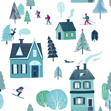 Christmas and New Year background. Winter seamless pattern of skiing holiday in countryside.のイラスト素材