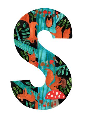 Gouache hand painted letter S with illustrated funny squirrels climbing tree. Isolated on a white background. Kids wild animal alphabet collection.の写真素材
