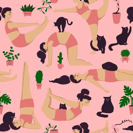 Funny cartoon yoga background. Seamless pattern of plus size girl doing yoga with a cat. のイラスト素材