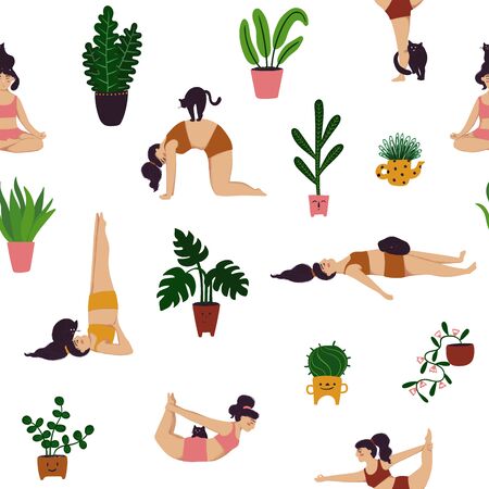 Funny cartoon yoga background with houseplants. Seamless pattern of plus size girl doing yoga with a cat. のイラスト素材