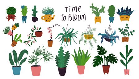 Funny collection of isolated houseplant icons. Vector illustration with different indoor plants.のイラスト素材