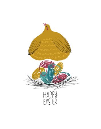 Happy Easter greeting card template. Funny chicken hatches eggs in a bird nest.のイラスト素材