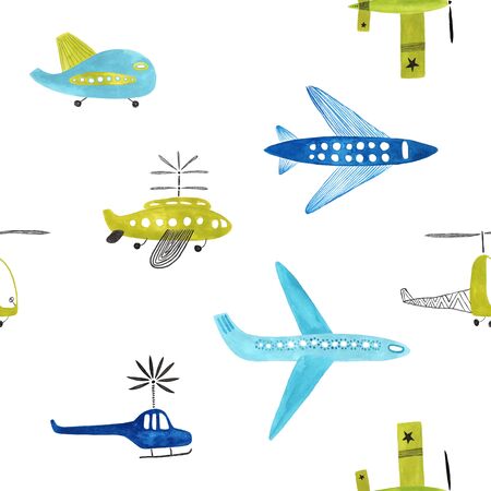 Funny seamless pattern with flying airplanes and helicopter on a white background. Gouache painted kids nursery wallpaper design.の写真素材