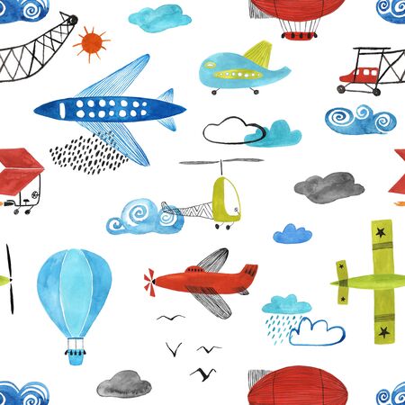 Colorful funny seamless pattern with flying airplane, aircraft, helicopter and air balloon on a white background. Gouache painted kids nursery wallpaper design.の写真素材