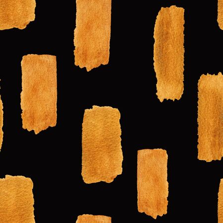 Abstract seamless pattern with golden brush strokes on a black background. Hand painted gouache wallpaper.の写真素材