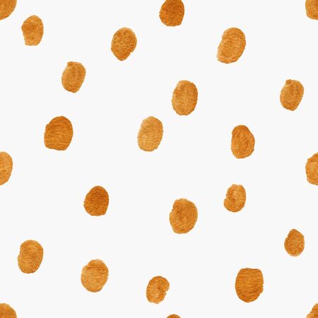 Abstract seamless pattern with golden polka dots on a white background. Hand painted gouache wallpaper.の写真素材