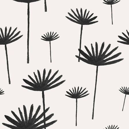 Abstract seamless pattern with black flowers on a white background. Hand painted gouache wallpaper.の写真素材