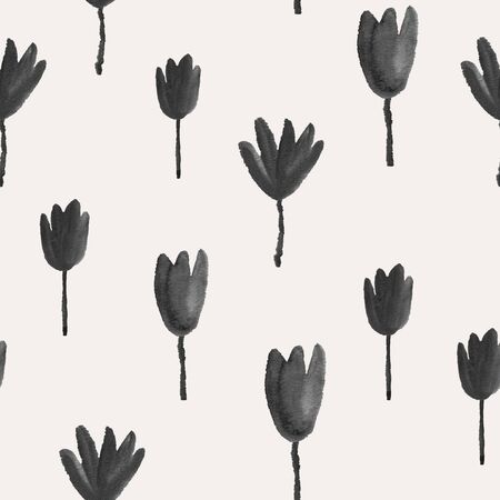 Abstract seamless pattern with black flowers on a white background. Hand painted gouache wallpaper.の写真素材
