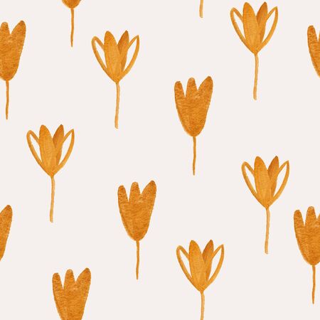 Abstract seamless pattern with golden flowers on a white background. Funny kids hand painted gouache wallpaper.の写真素材