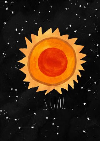 Illustration with the Sun on a black watercolor background. Kids gouache hand painted cosmic poster or card. の写真素材